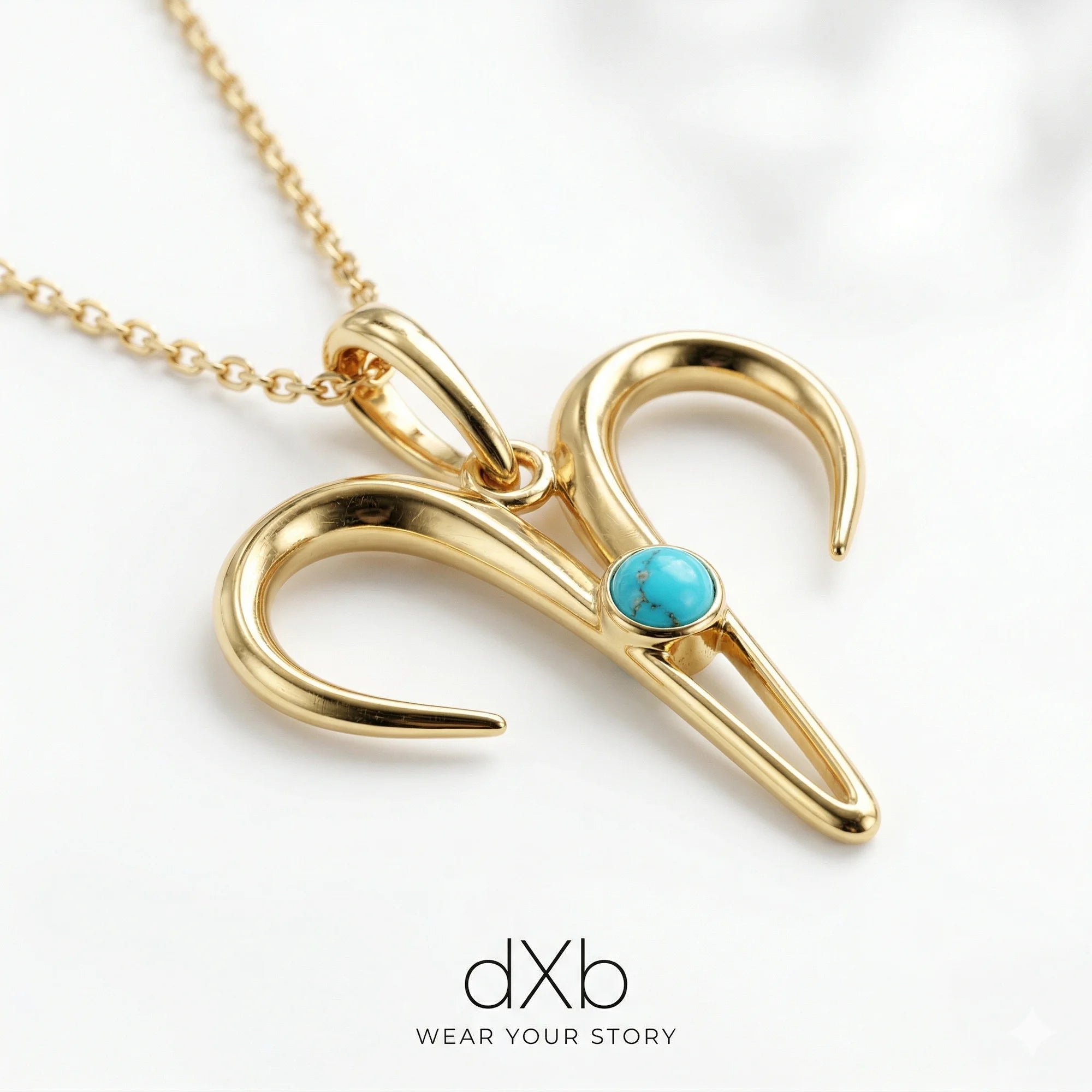 14k yellow gold Turquoise Round Cabochon Aries Zodiac Symbol pendant