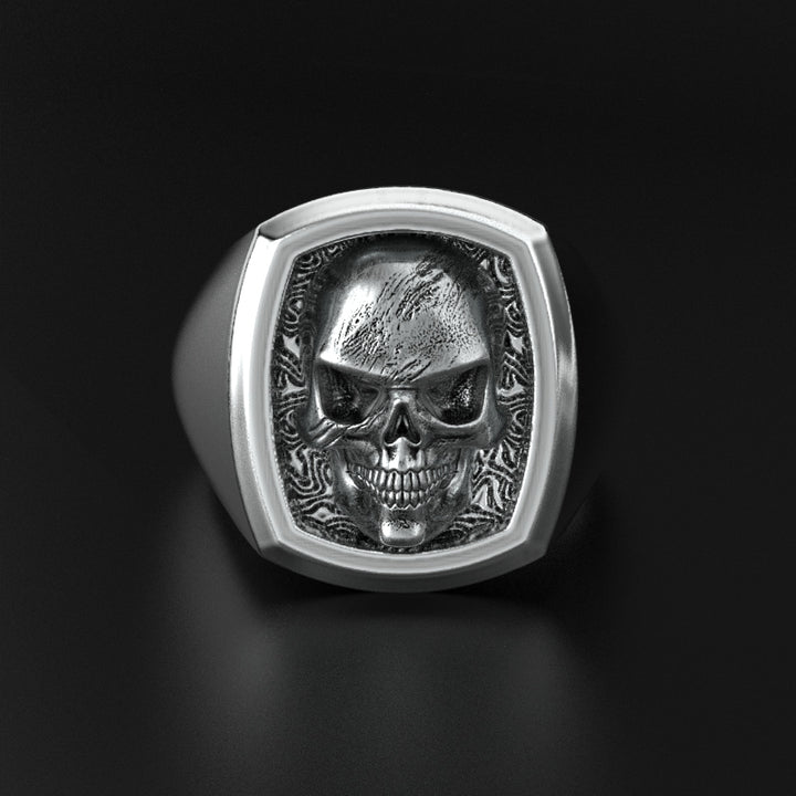 Sterling Silver Signet Ring with Detailed Skull Design - Gothic Sci-Fi Jewelry for Men and Women