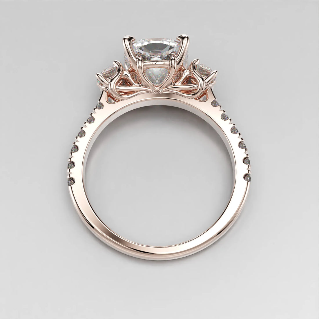 Rose Gold Top view of the Art Nouveau Three Stone Pave Ring.