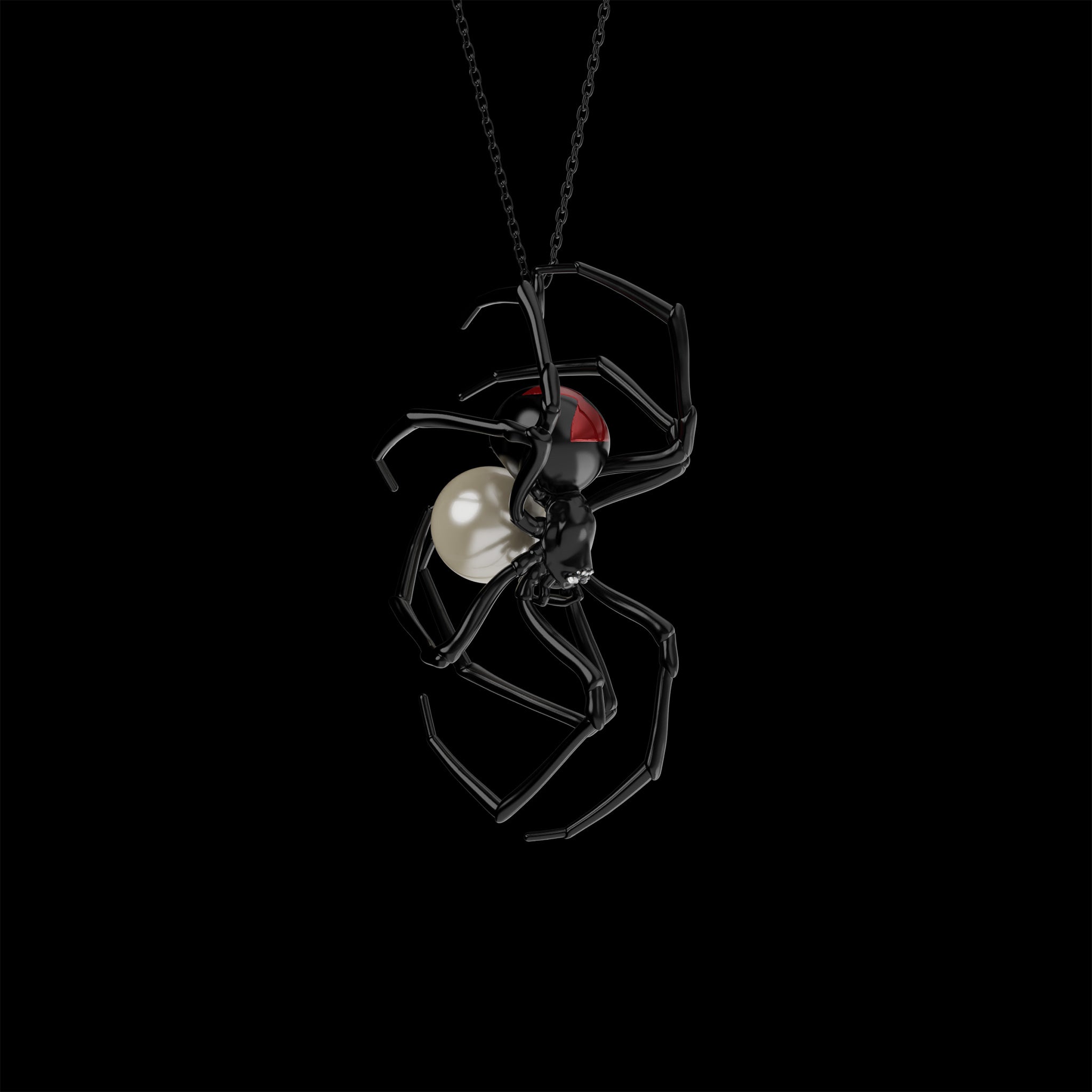 Gothic Black Widow Spider Necklace with Pearl Egg Sac and Red Hourglass Symbol, Available in Black Rhodium 14K Gold and Oxidized Silver