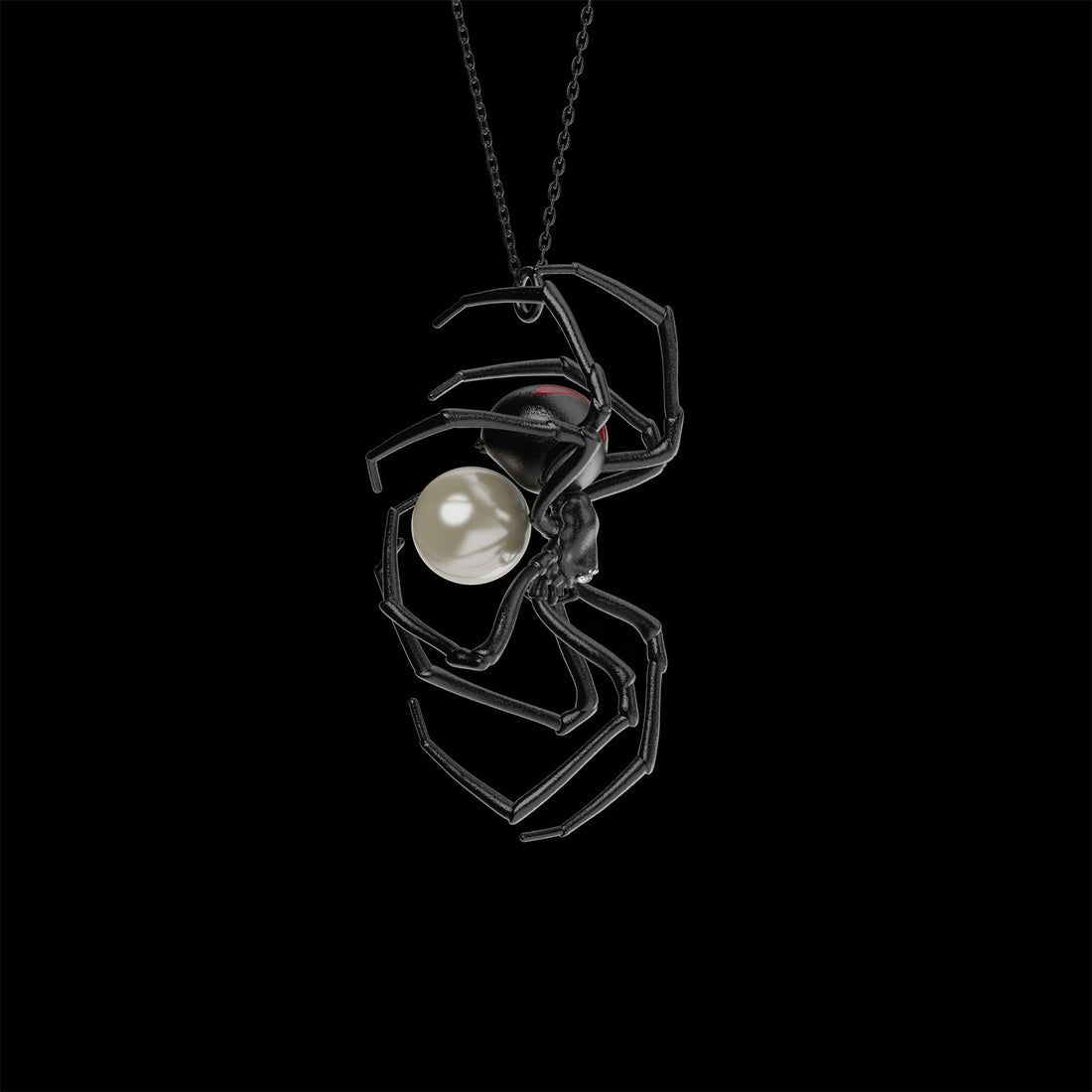 Gothic Black Widow Spider Necklace with Pearl Egg Sac and Red Hourglass Symbol, Available in Black Rhodium 14K Gold and Oxidized Silver