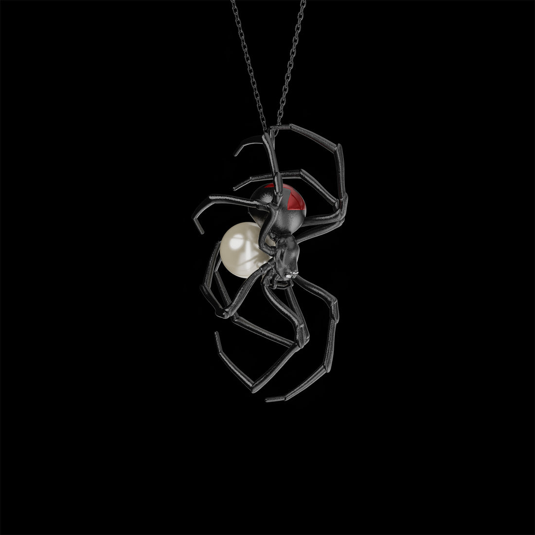 Gothic Black Widow Spider Necklace with Pearl Egg Sac and Red Hourglass Symbol, Available in Black Rhodium 14K Gold and Oxidized Silver