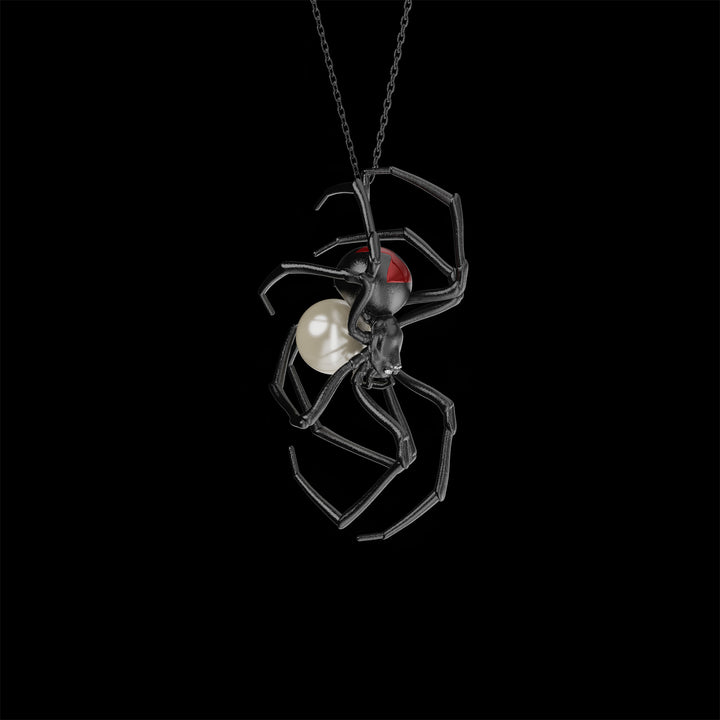 Gothic Black Widow Spider Necklace with Pearl Egg Sac and Red Hourglass Symbol, Available in Black Rhodium 14K Gold and Oxidized Silver