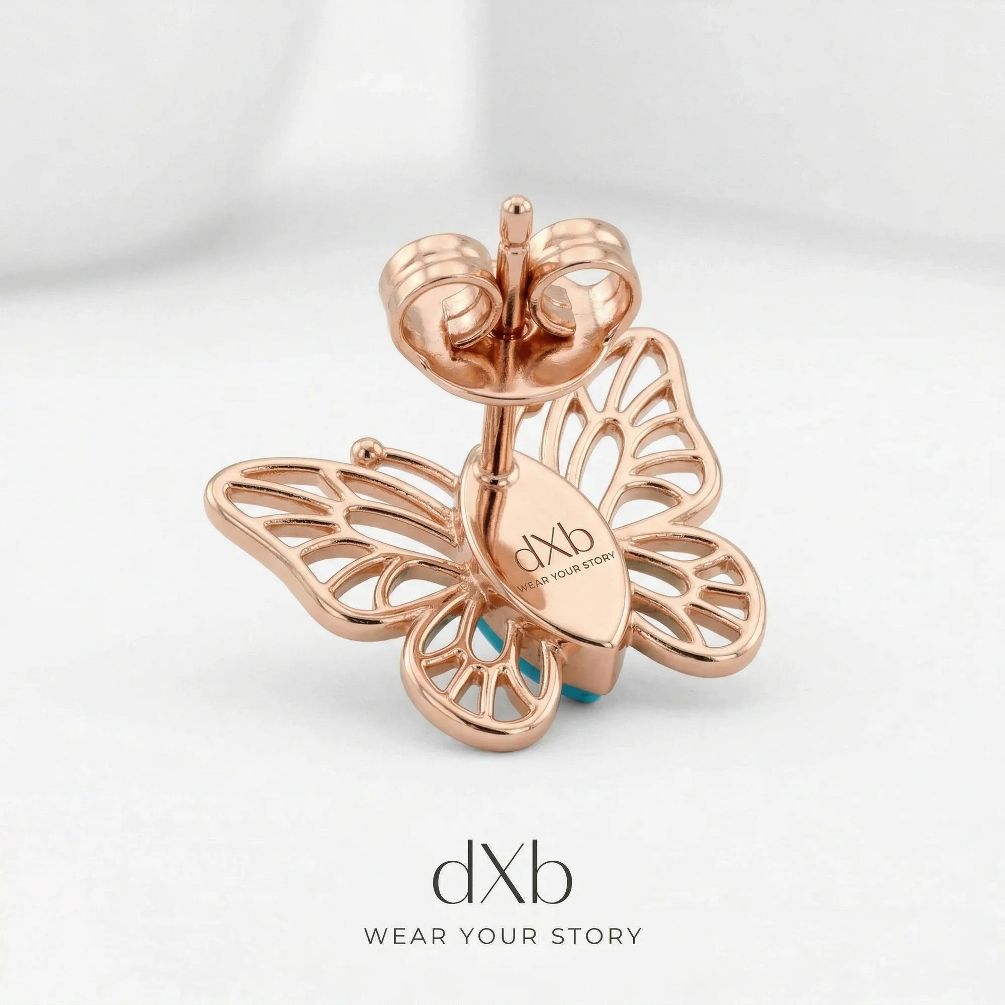 14k rose gold turquoise marquise butterfly motif, nature-inspired, stud earring