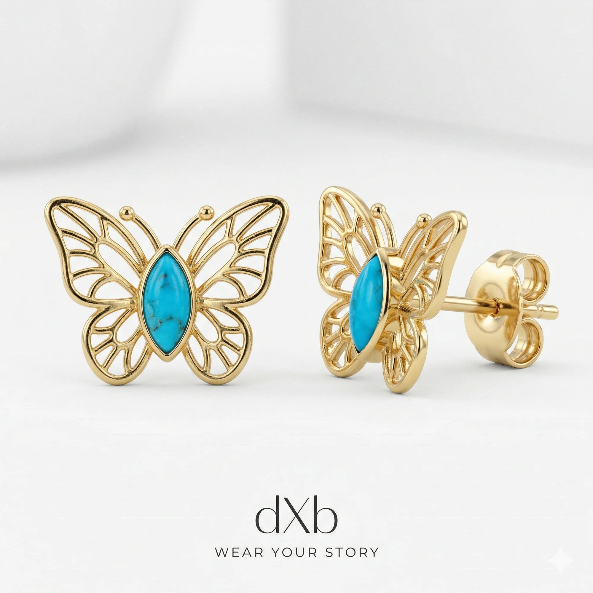 14k yellow gold turquoise marquise butterfly motif, nature-inspired, stud earring