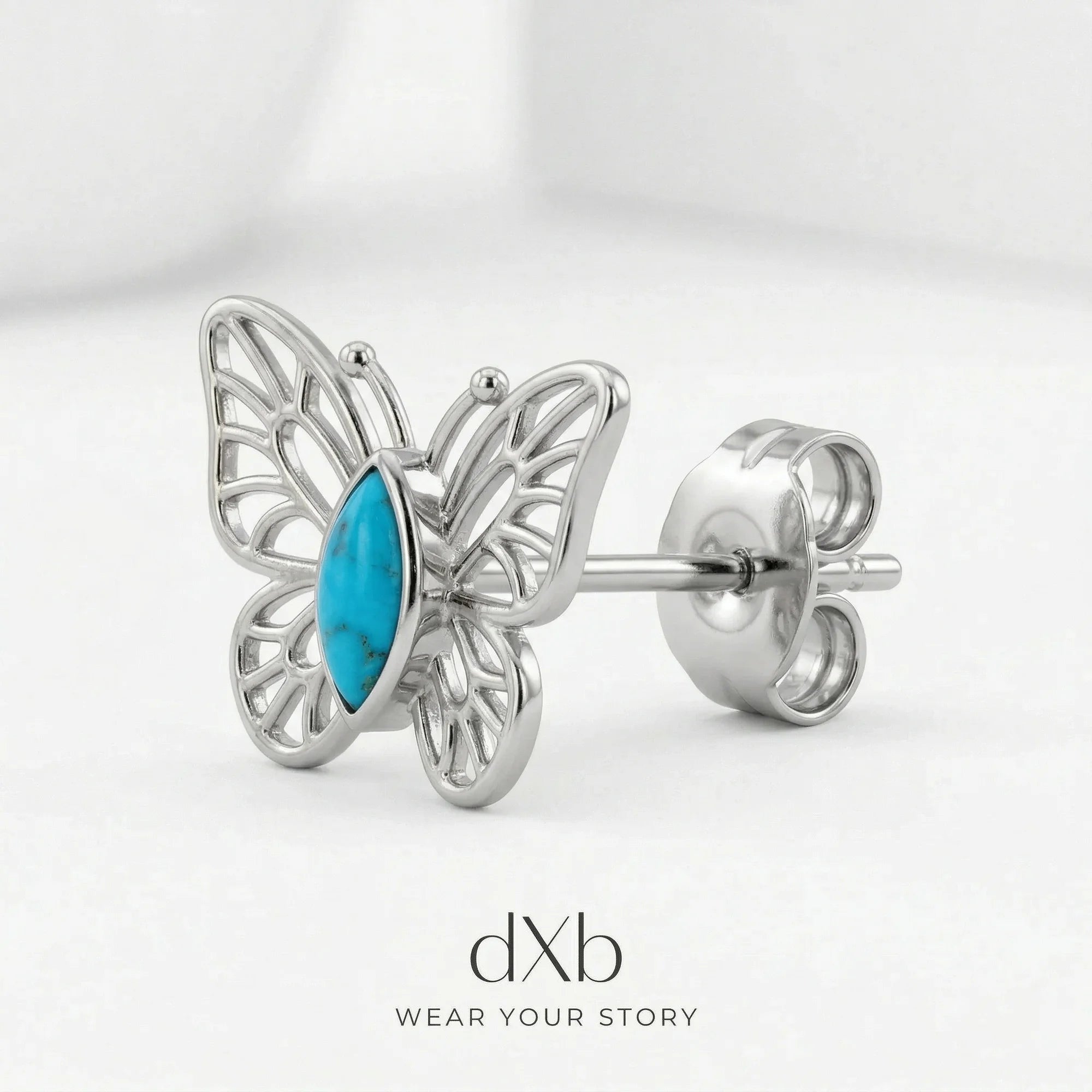 silver turquoise marquise butterfly motif, nature-inspired, stud earring
