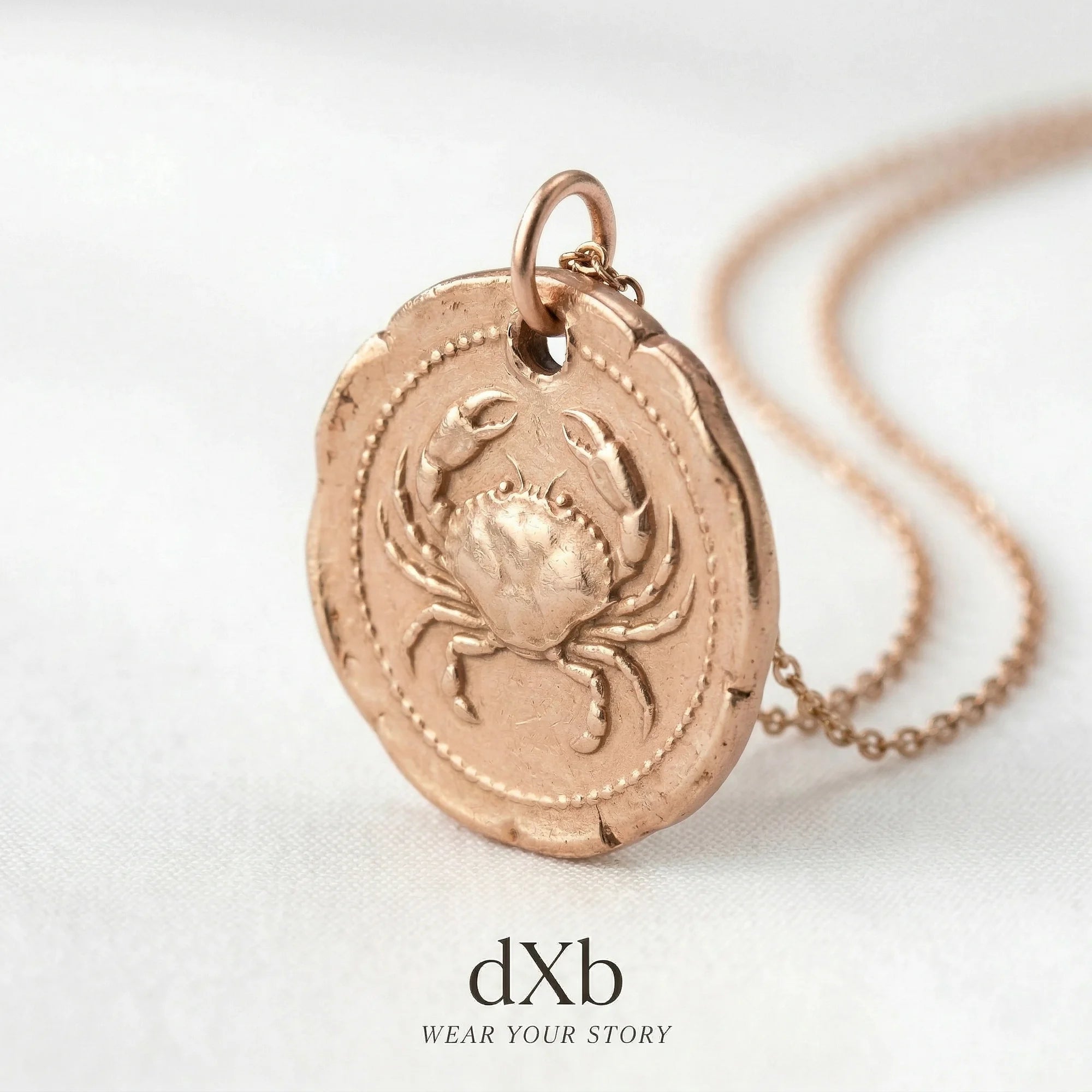 14k rose gold Cancer zodiac, crab motif, medallion, coin style pendant