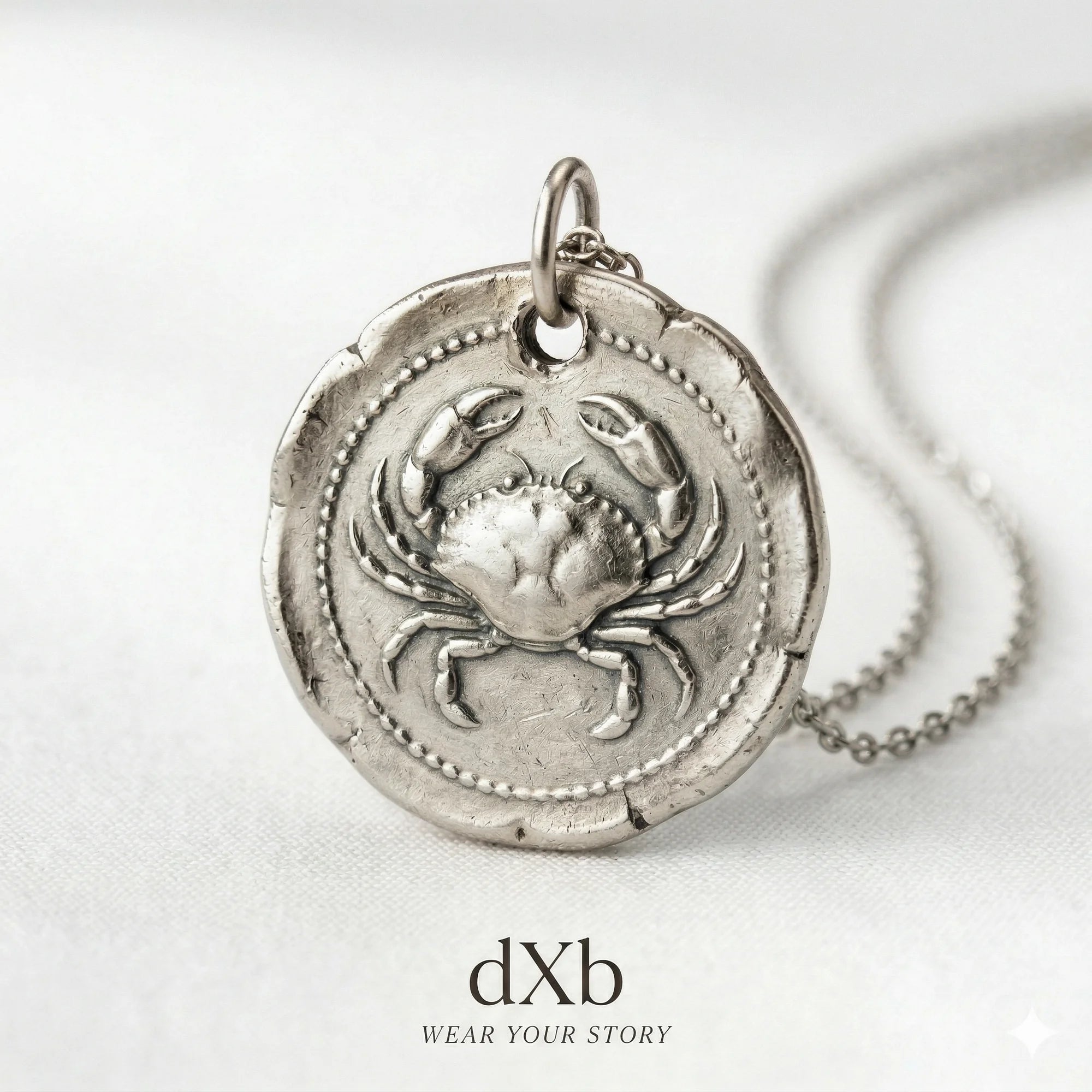 14k white gold Cancer zodiac, crab motif, medallion, coin style pendant