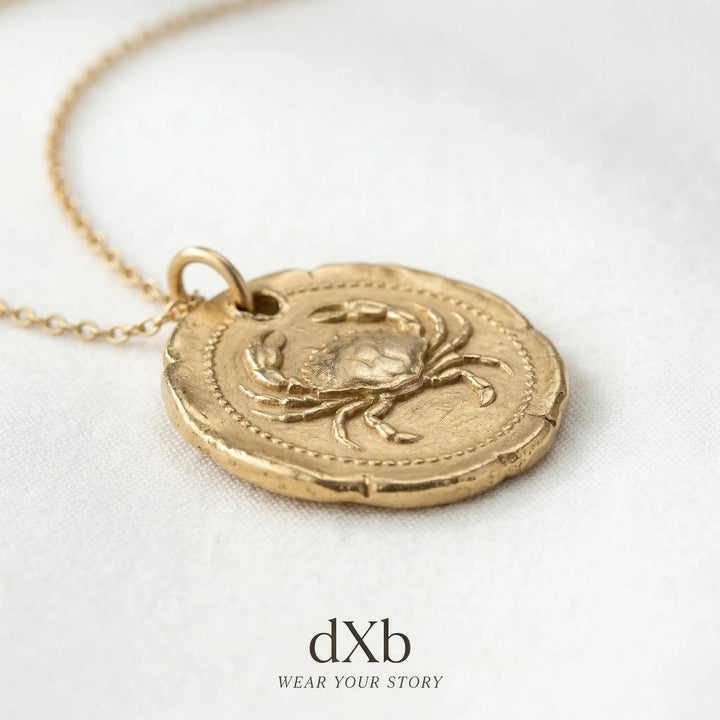 14k yellow gold Cancer zodiac, crab motif, medallion, coin style pendant