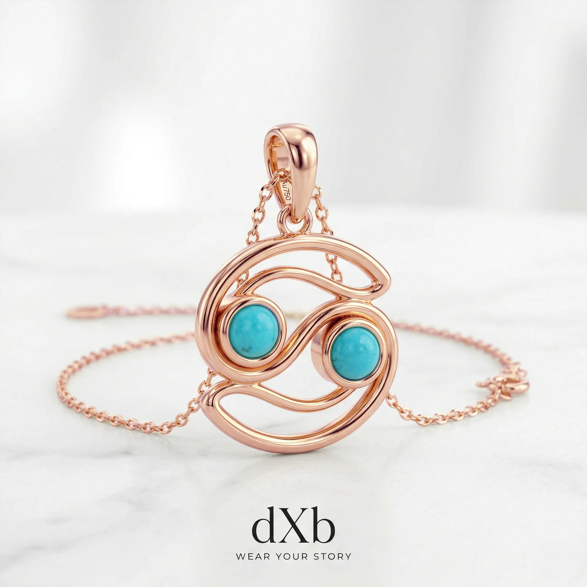14k rose gold turquoise round Zodiac Cancer symbol pendant