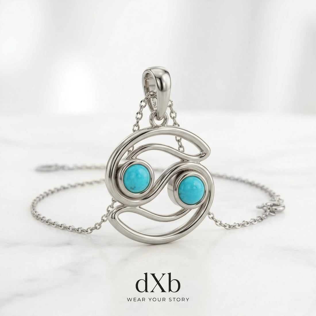 14k white gold turquoise round Zodiac Cancer symbol pendant