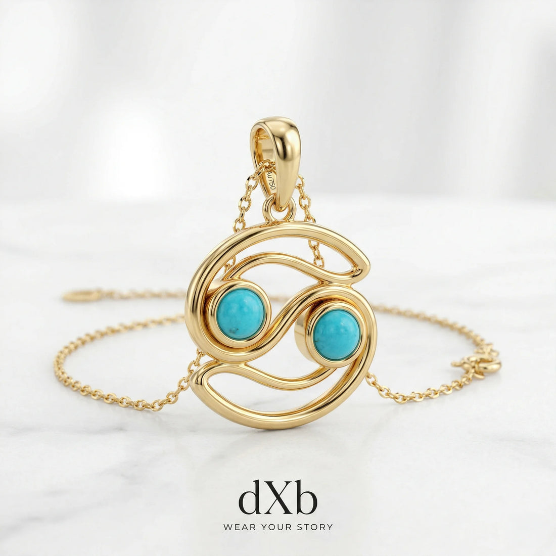 14k yellow gold turquoise round Zodiac Cancer symbol pendant
