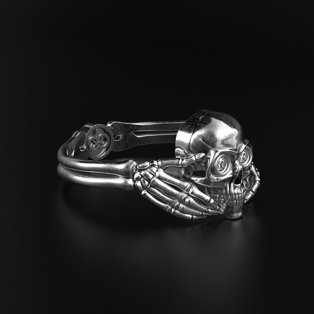 Claddagh Skull Ring with Diamond Eyes - Sterling Silver Gothic Irish Jewelry