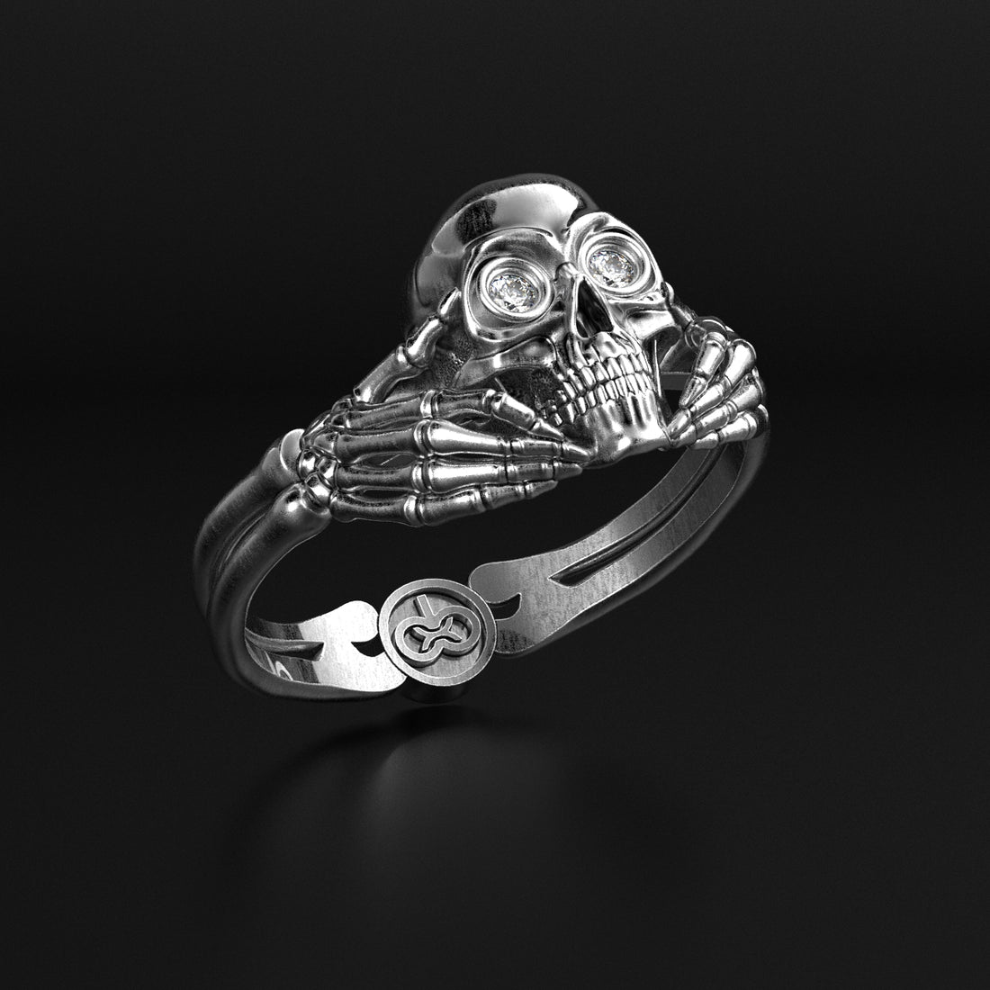 Claddagh Skull Ring with Diamond Eyes - Sterling Silver Gothic Irish Jewelry