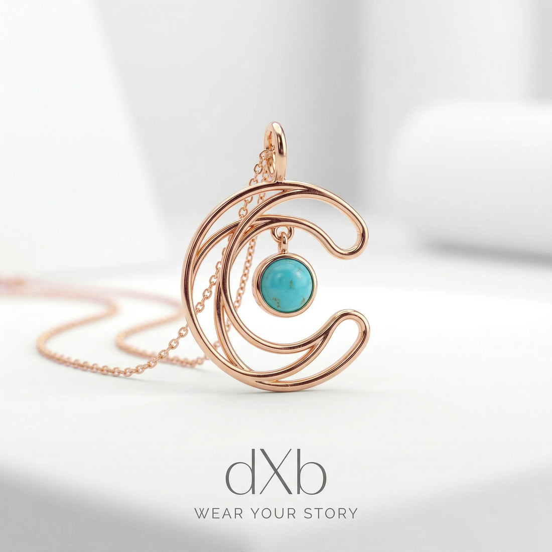 14k rose gold turquoise round crescent moon, celestial, abstract pendant