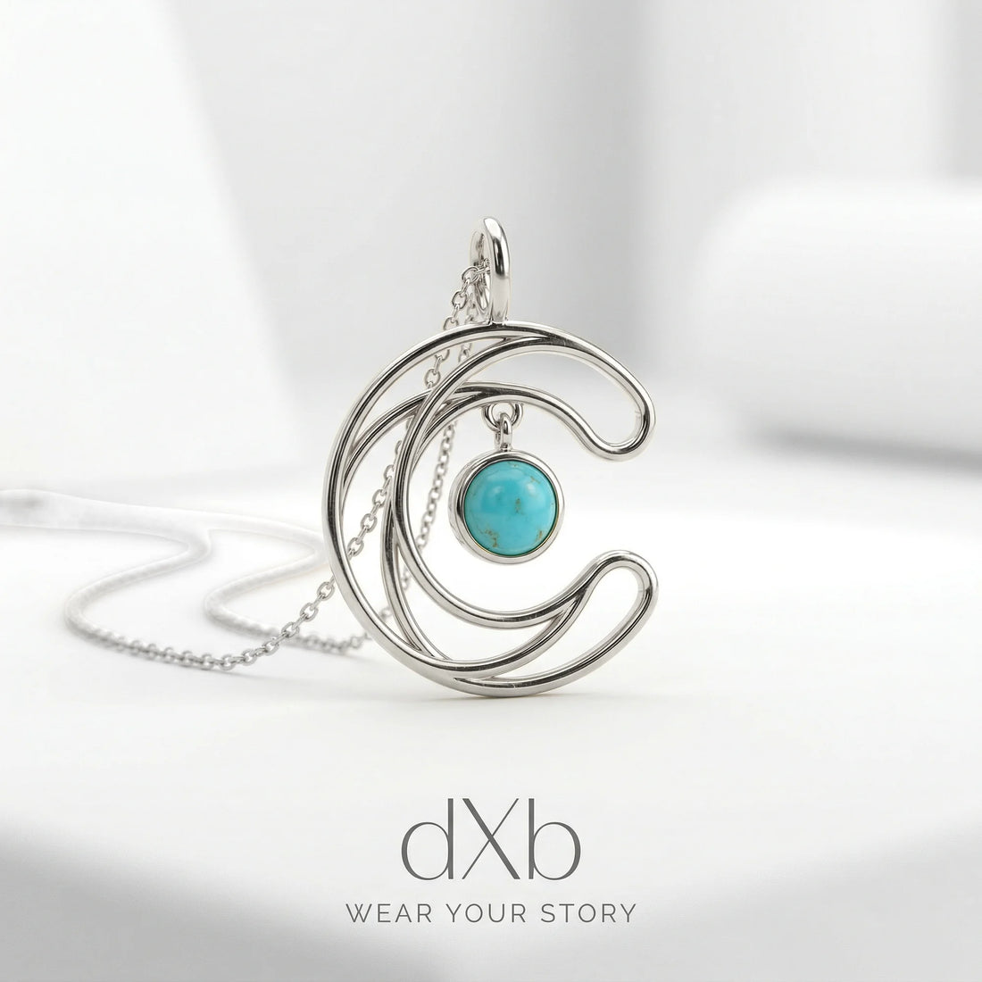 silver turquoise round crescent moon, celestial, abstract pendant