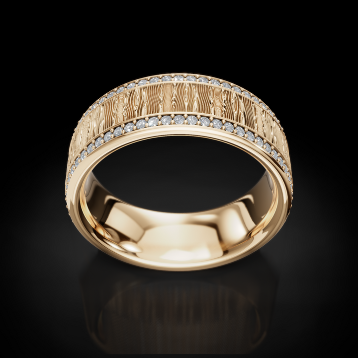 Nature-Inspired Wood Pattern Wedding Ring with 2 Raw Diamonds