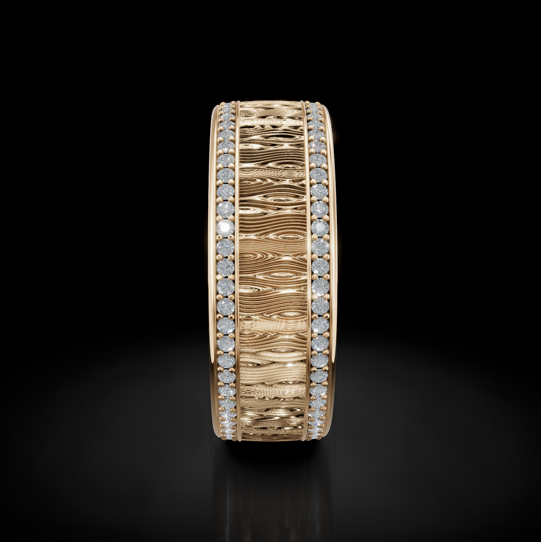 Nature-Inspired Wood Pattern Wedding Ring with 2 Raw Diamonds