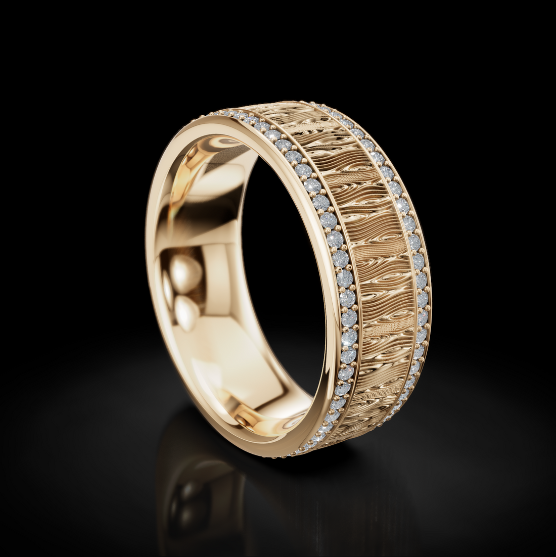 Nature-Inspired Wood Pattern Wedding Ring with 2 Raw Diamonds