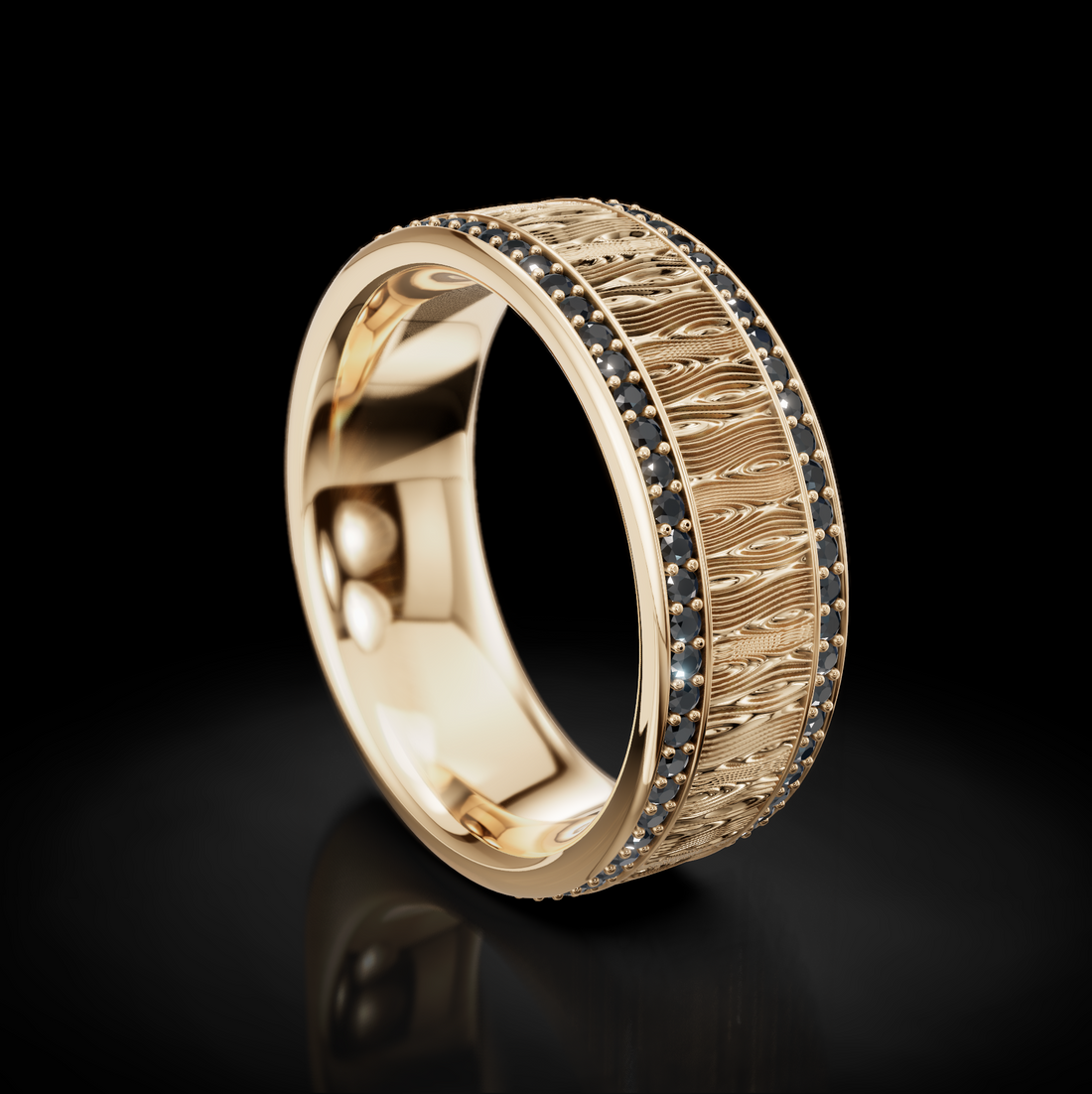 Nature-Inspired Wood Pattern Wedding Ring with 2 Raw Diamonds