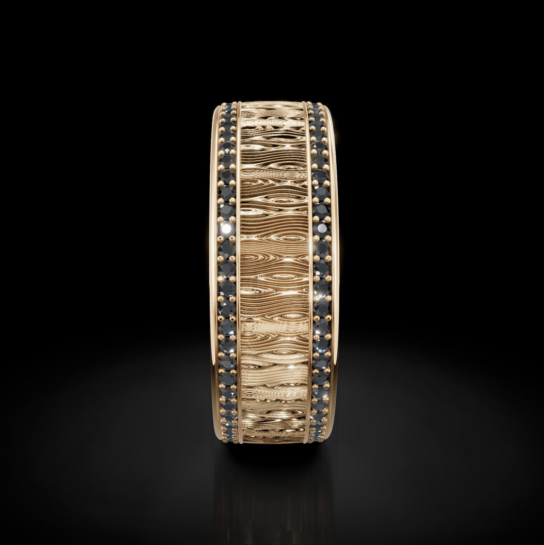 Nature-Inspired Wood Pattern Wedding Ring with 2 Raw Diamonds