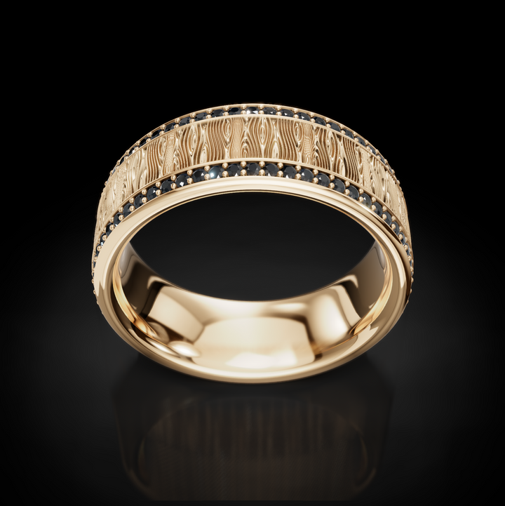 Nature-Inspired Wood Pattern Wedding Ring with 2 Raw Diamonds