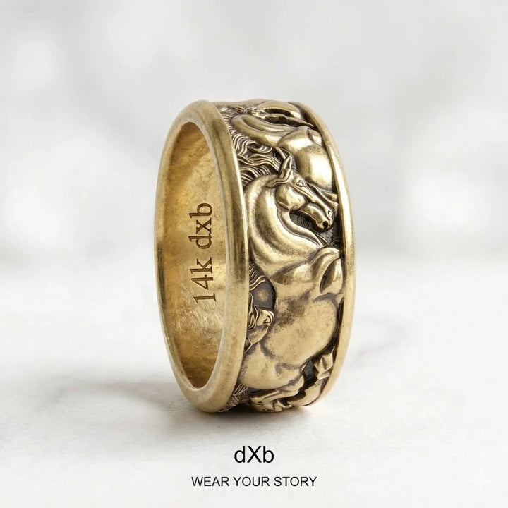 Equestrian Horse Relief Wide Band Ring in High Polished Yellow Gold, standing view