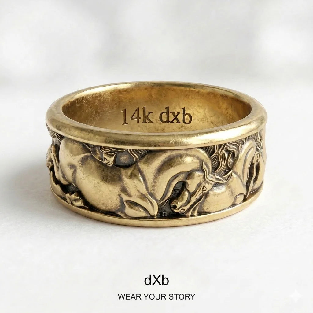 Equestrian Horse Relief Wide Band Ring in High Polished Yellow Gold, main view