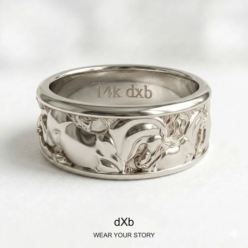 Equestrian Horse Relief Wide Band Ring in High Polished White Gold, main view