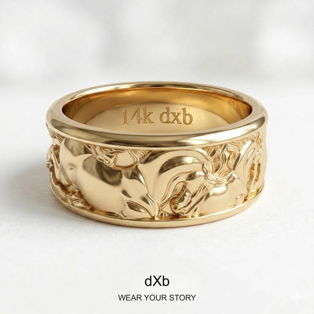 Equestrian Horse Relief Wide Band Ring in High Polished Silver Oxidized, main view