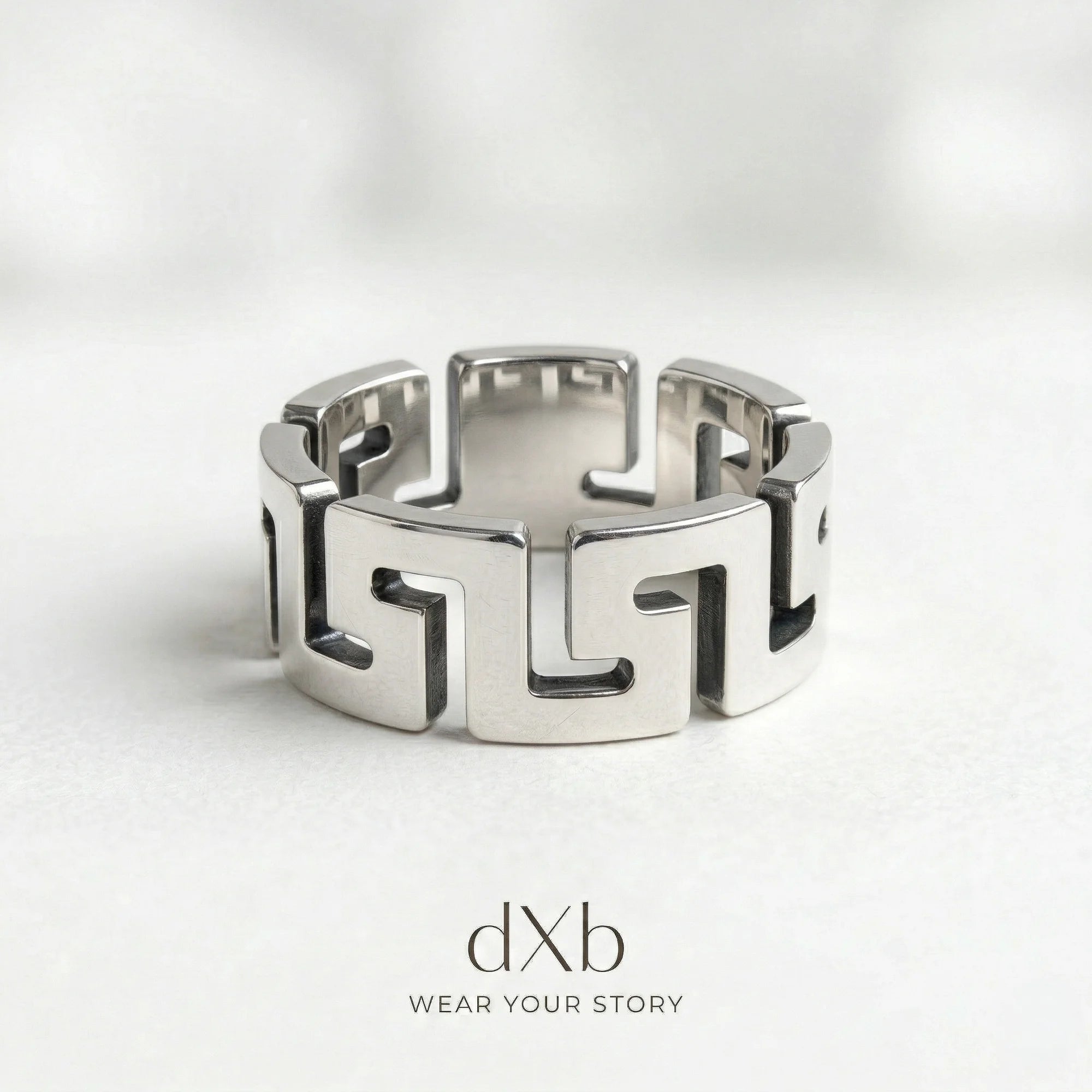 silver Geometric Greek Key Band ring