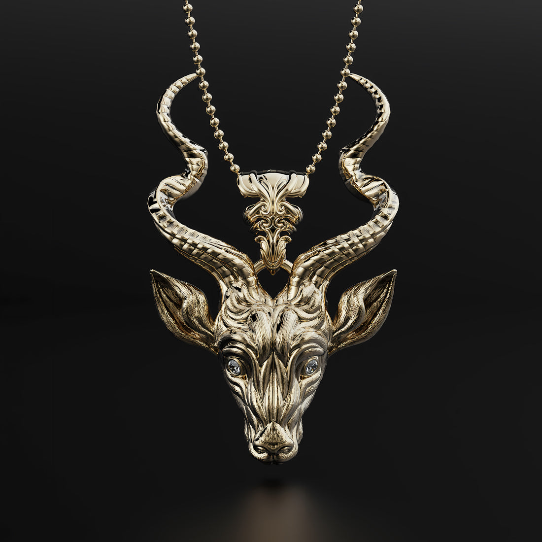 Silver Antelope Head Pendant with Intricate Design and Diamond Eyes