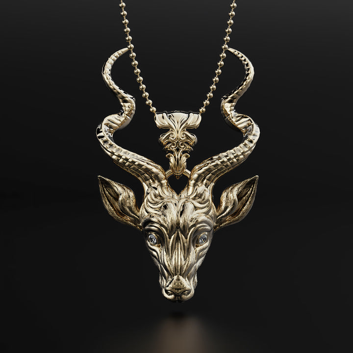 Silver Antelope Head Pendant with Intricate Design and Diamond Eyes