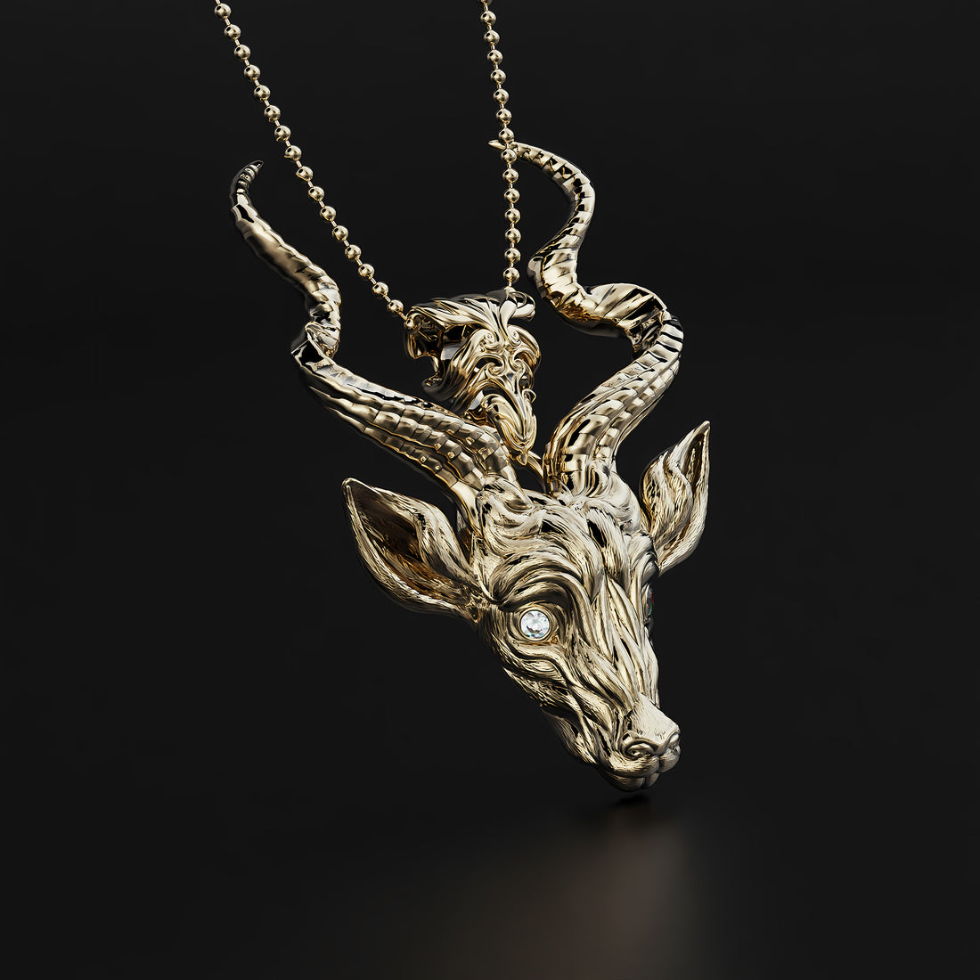 Silver Antelope Head Pendant with Intricate Design and Diamond Eyes