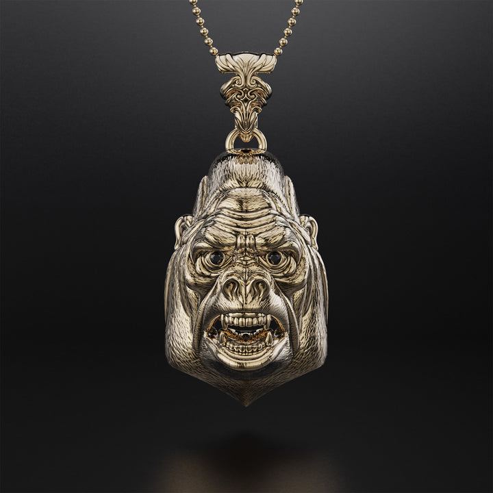 Gorilla Head Pendant with Diamond or Black Onyx Eyes, Silver Oxidized or Gold Satin Finish