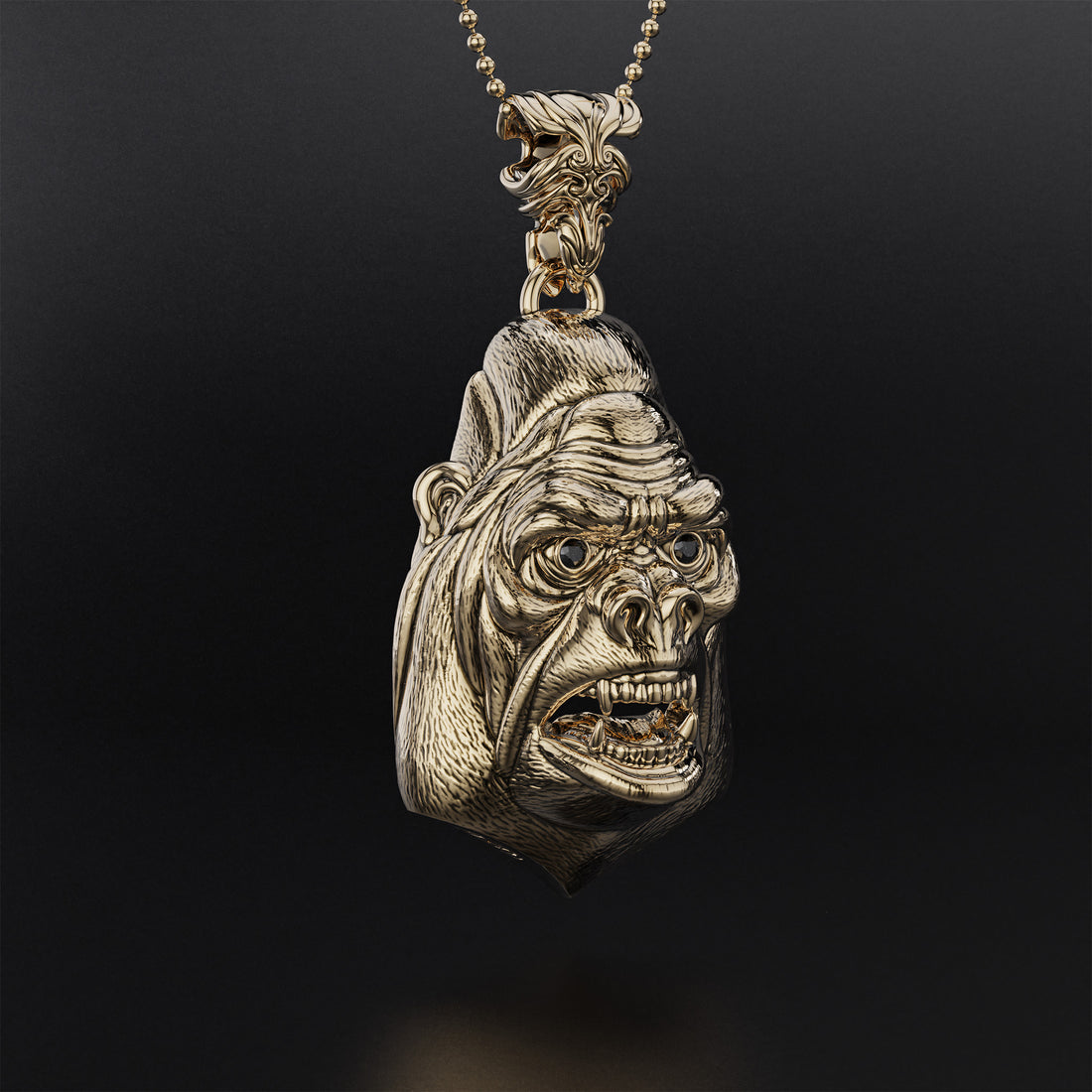 Gorilla Head Pendant with Diamond or Black Onyx Eyes, Silver Oxidized or Gold Satin Finish