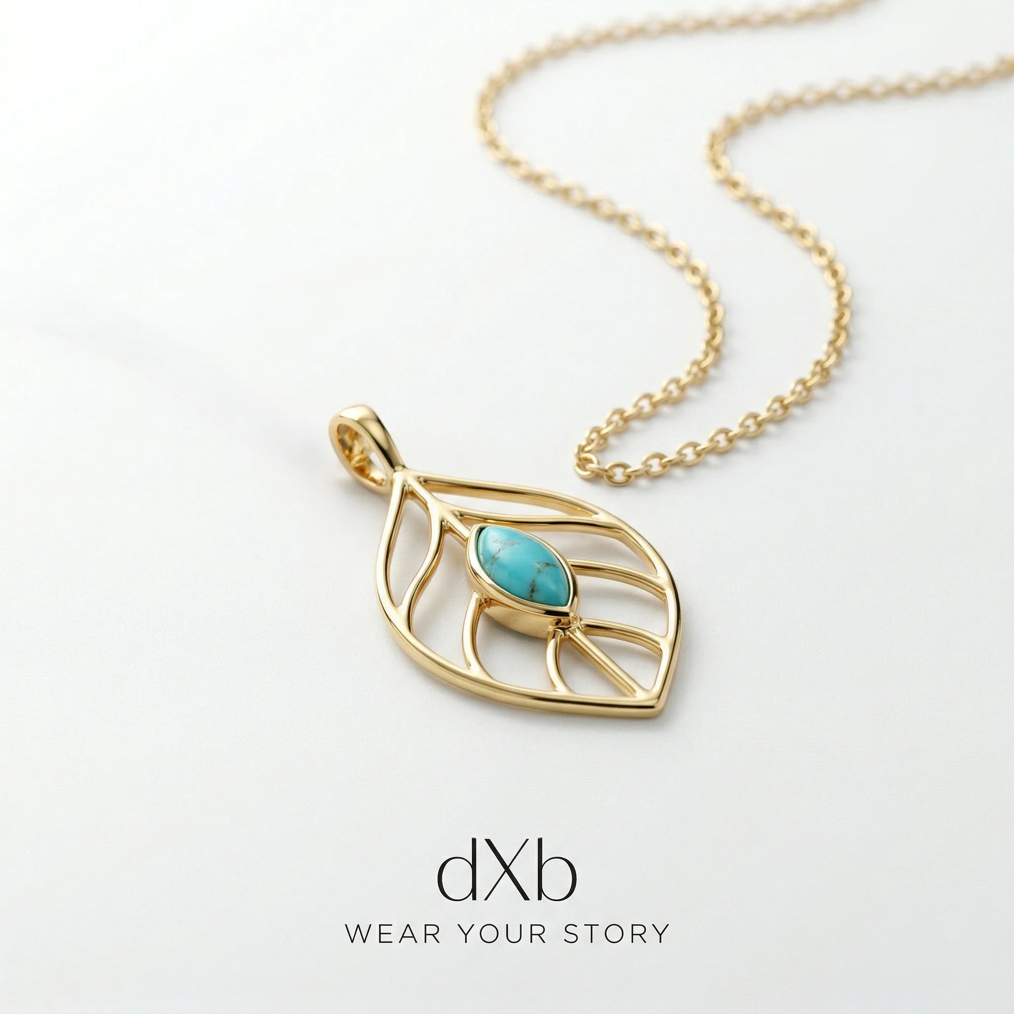 14k yellow gold turquoise marquise leaf motif pendant