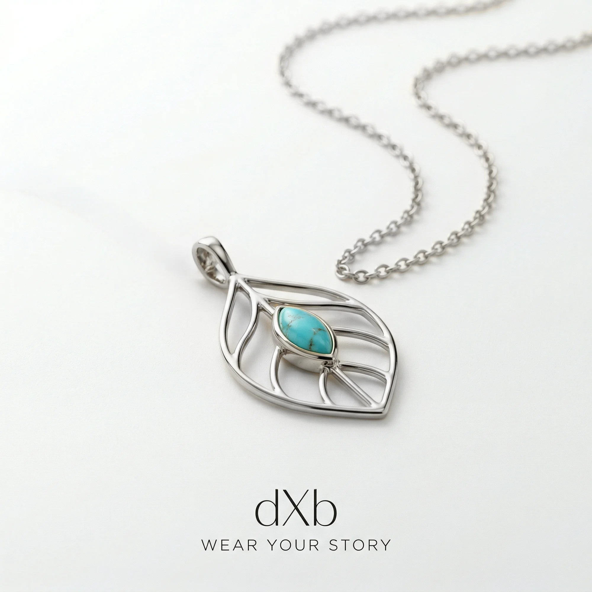 platinum turquoise marquise leaf motif pendant
