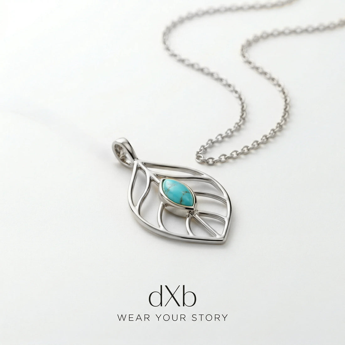 silver turquoise marquise leaf motif pendant