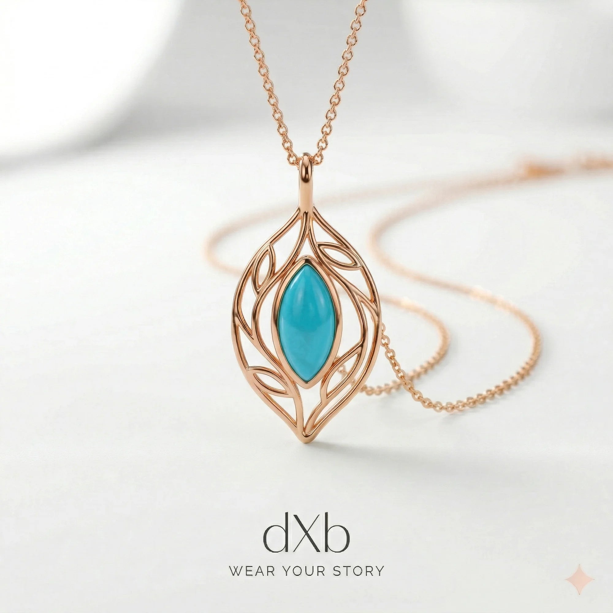14k rose gold turquoise marquise leaf motif, nature-inspired, delicate pendant