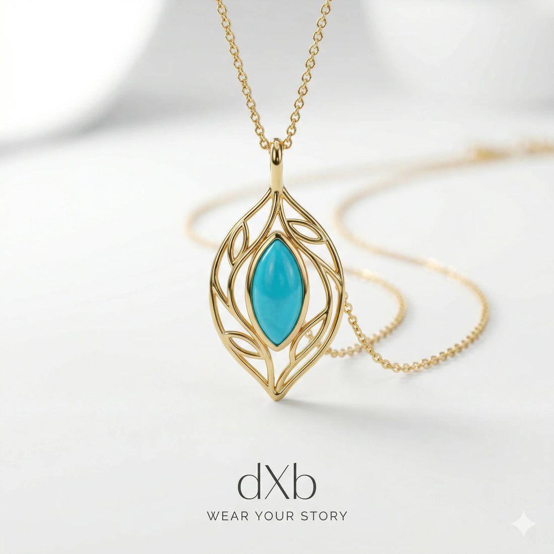 14k yellow gold turquoise marquise leaf motif, nature-inspired, delicate pendant