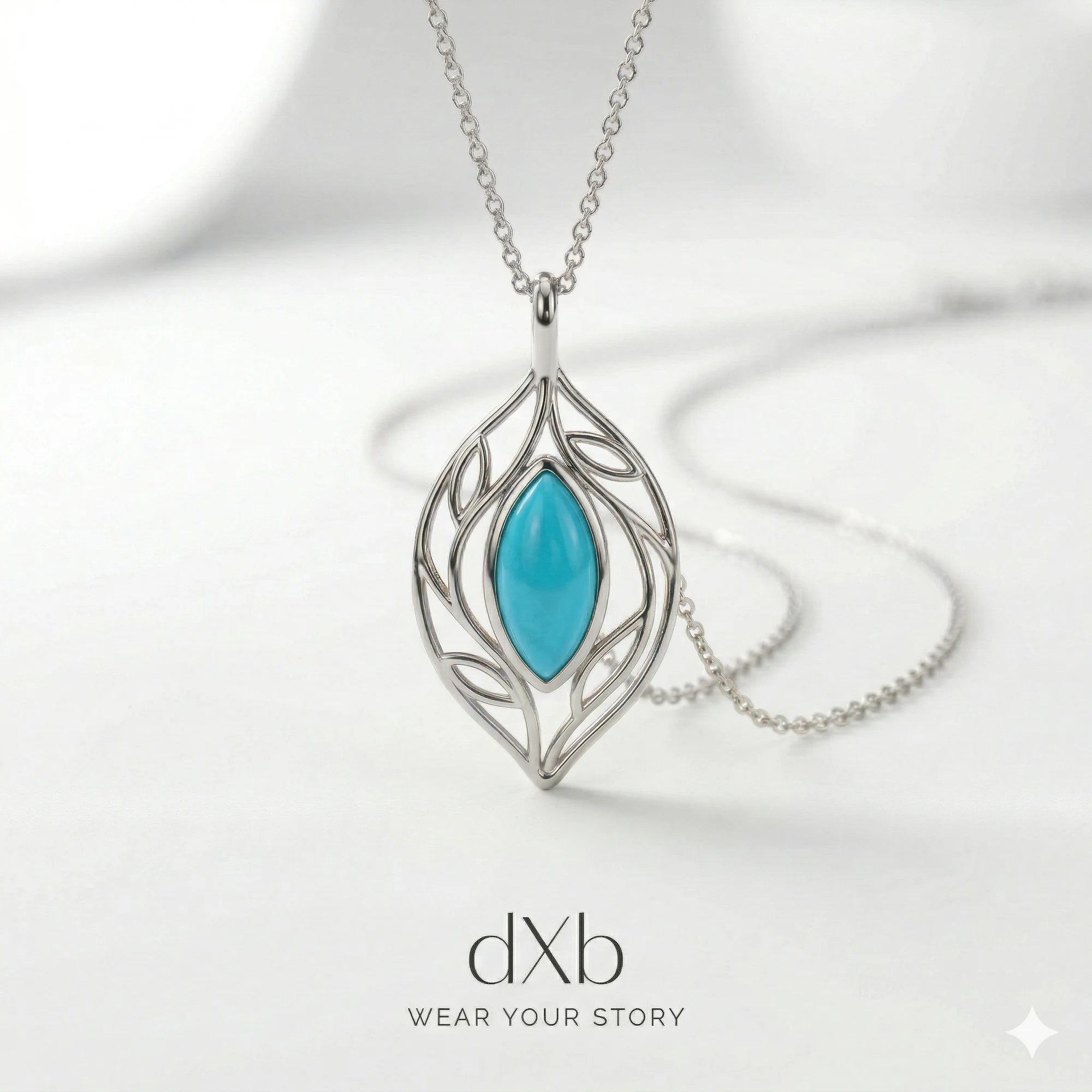 platinum turquoise marquise leaf motif, nature-inspired, delicate pendant