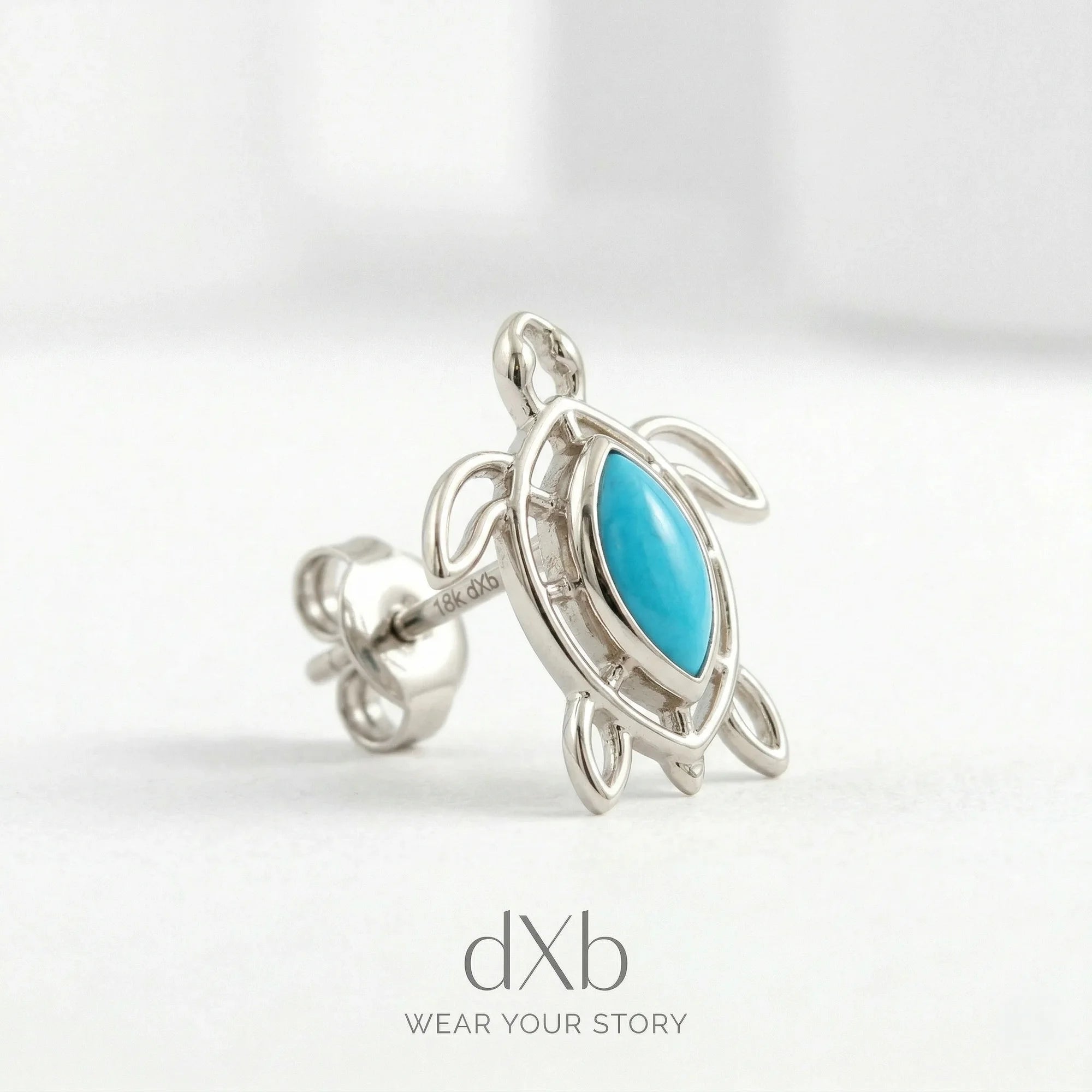 14k white gold turquoise marquise sea turtle, marine, animal earring