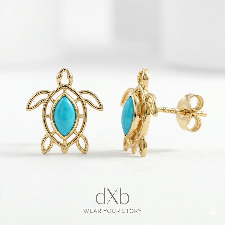 14k yellow gold turquoise marquise sea turtle, marine, animal earring