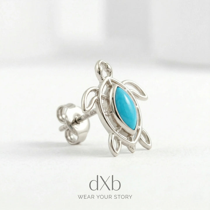 platinum turquoise marquise sea turtle, marine, animal earring