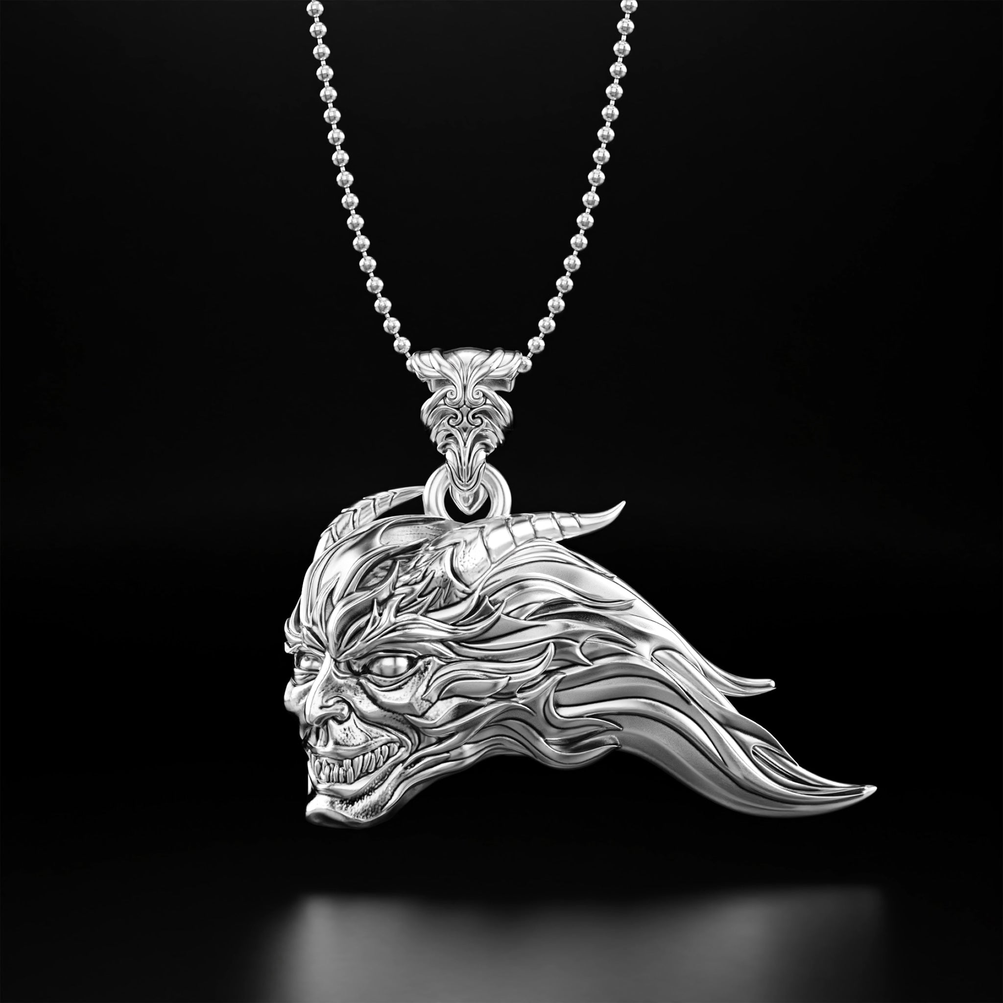 Gothic Demon Head Pendant Necklace - 14k Yellow Gold, 14k White Gold, Platinum, and Silver