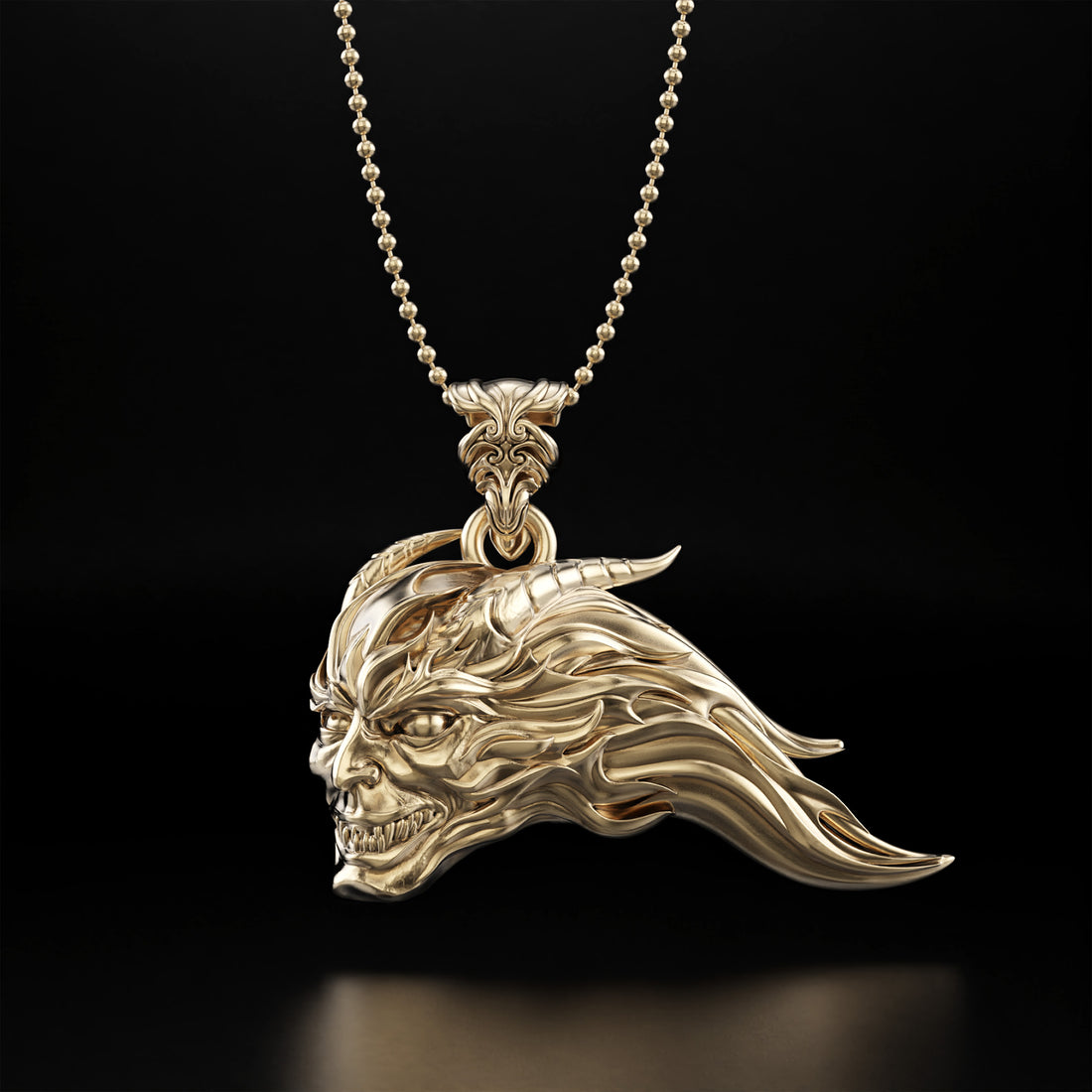 Gothic Demon Head Pendant Necklace - 14k Yellow Gold, 14k White Gold, Platinum, and Silver