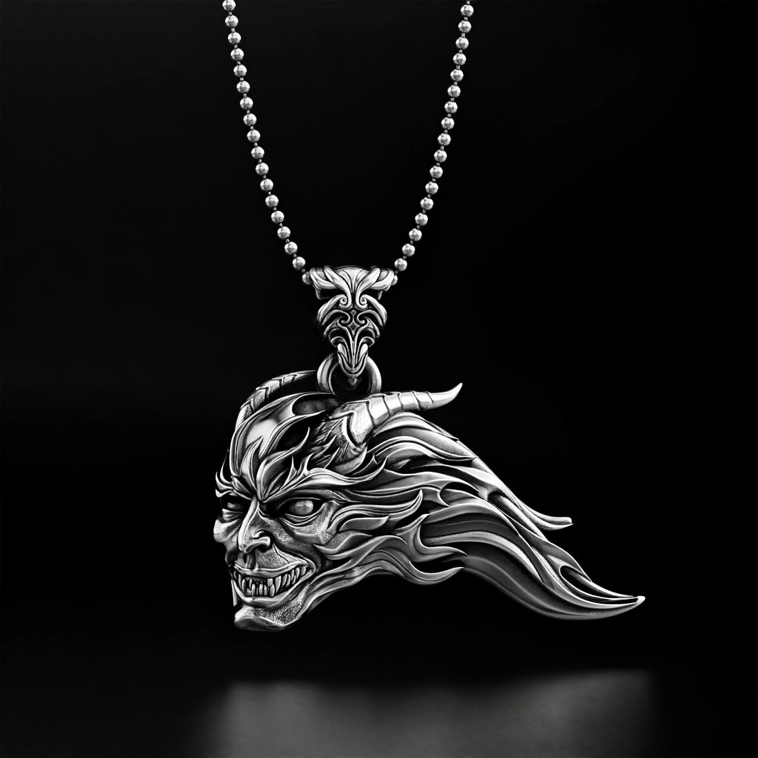 Gothic Demon Head Pendant Necklace - 14k Yellow Gold, 14k White Gold, Platinum, and Silver