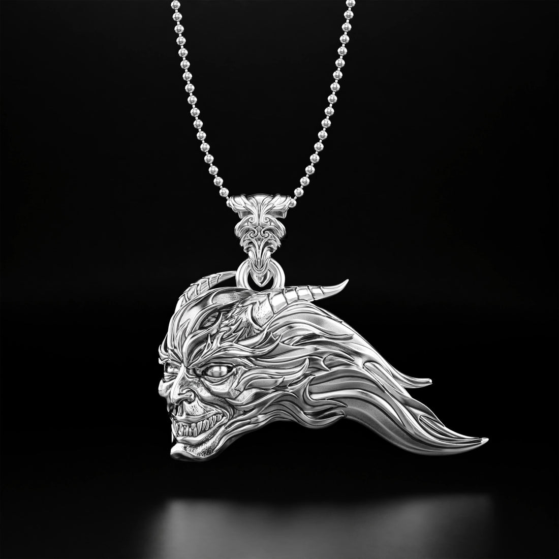 Gothic Demon Head Pendant Necklace - 14k Yellow Gold, 14k White Gold, Platinum, and Silver