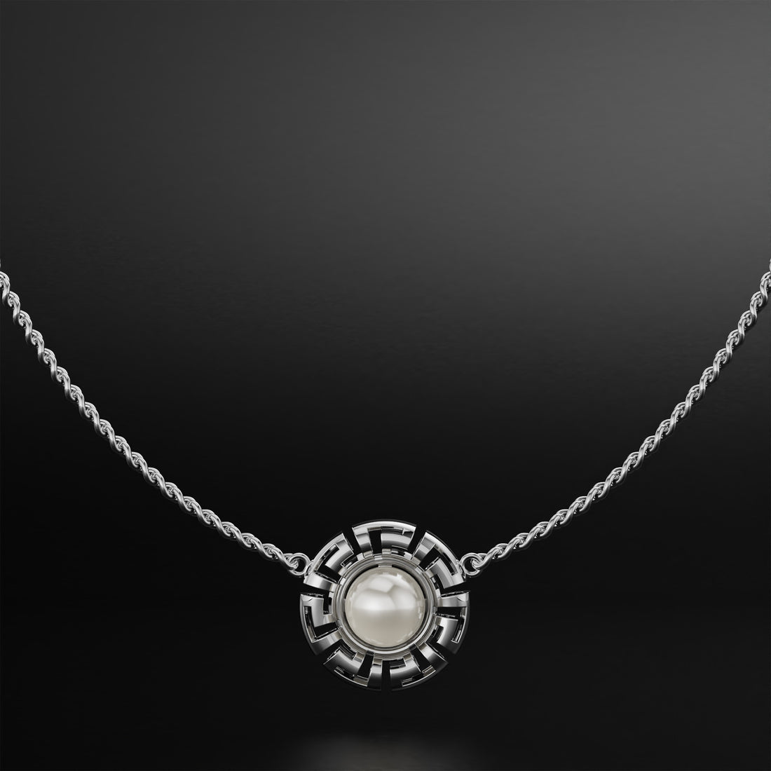 Luxurious Greek Key Pattern Pendant with Pearl - Elegant Art-Inspired Jewelry